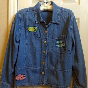 Christopher & Banks Dogs Denim Shirt Embellished Screen Boxy Fit